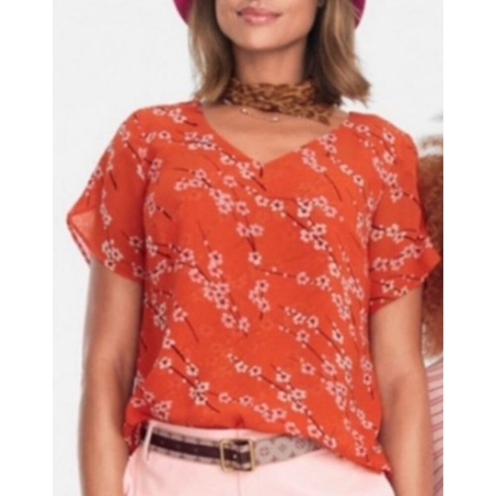 Cabi Chiffon Cherry Blossom Blouse Womens Medium Orange Career V-Neck Top